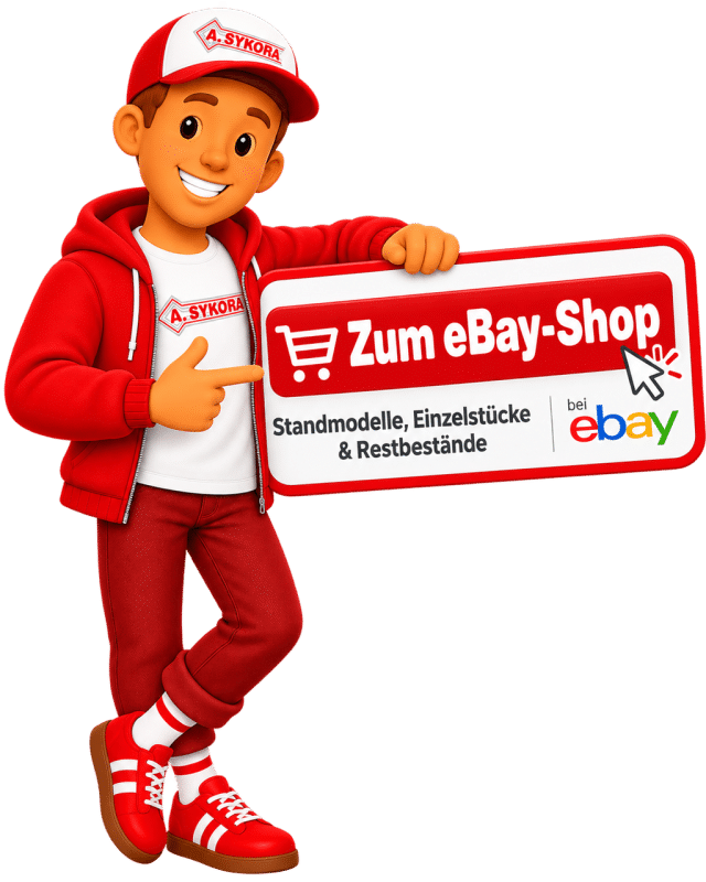 Thosy, das Maskottchen von A. Sykora, zeigt auf den eBay-Shop für Standmodelle, Einzelstücke und Restbestände.